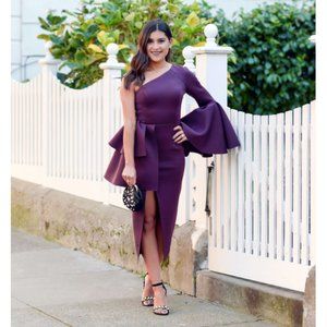 ASOS PREMIUM eggplant purple scuba asymmetric bell long sleeve slit midi dress